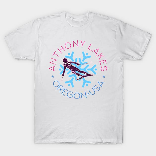 Anthony Lakes, Oregon - Woman, Female Skier, Stylish BLue Snowflake T-Shirt by funfun